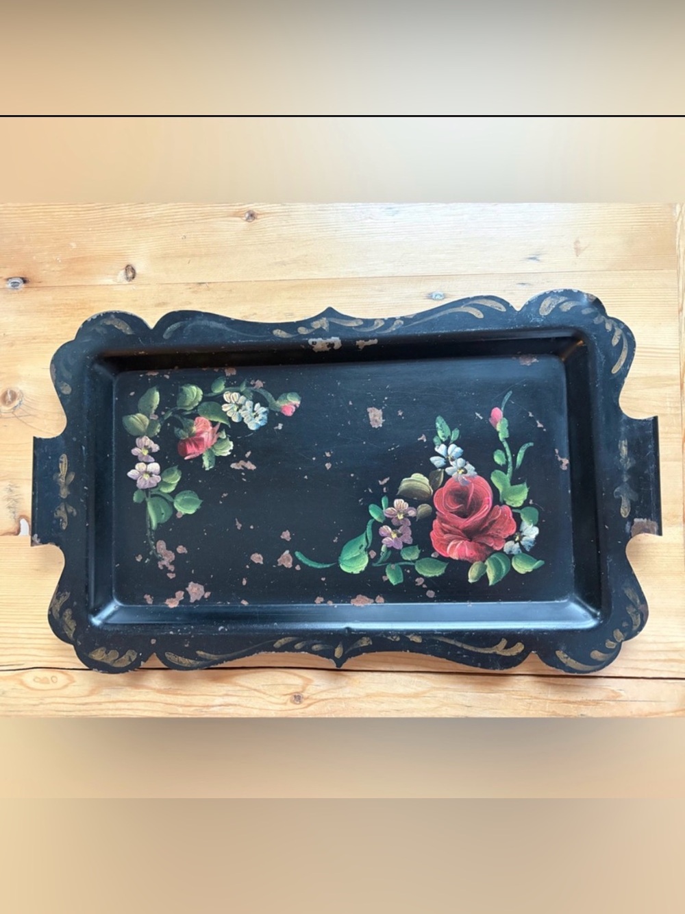 Vintage Toleware Hand Painted Red Rose Floral Black Decorative Tray
